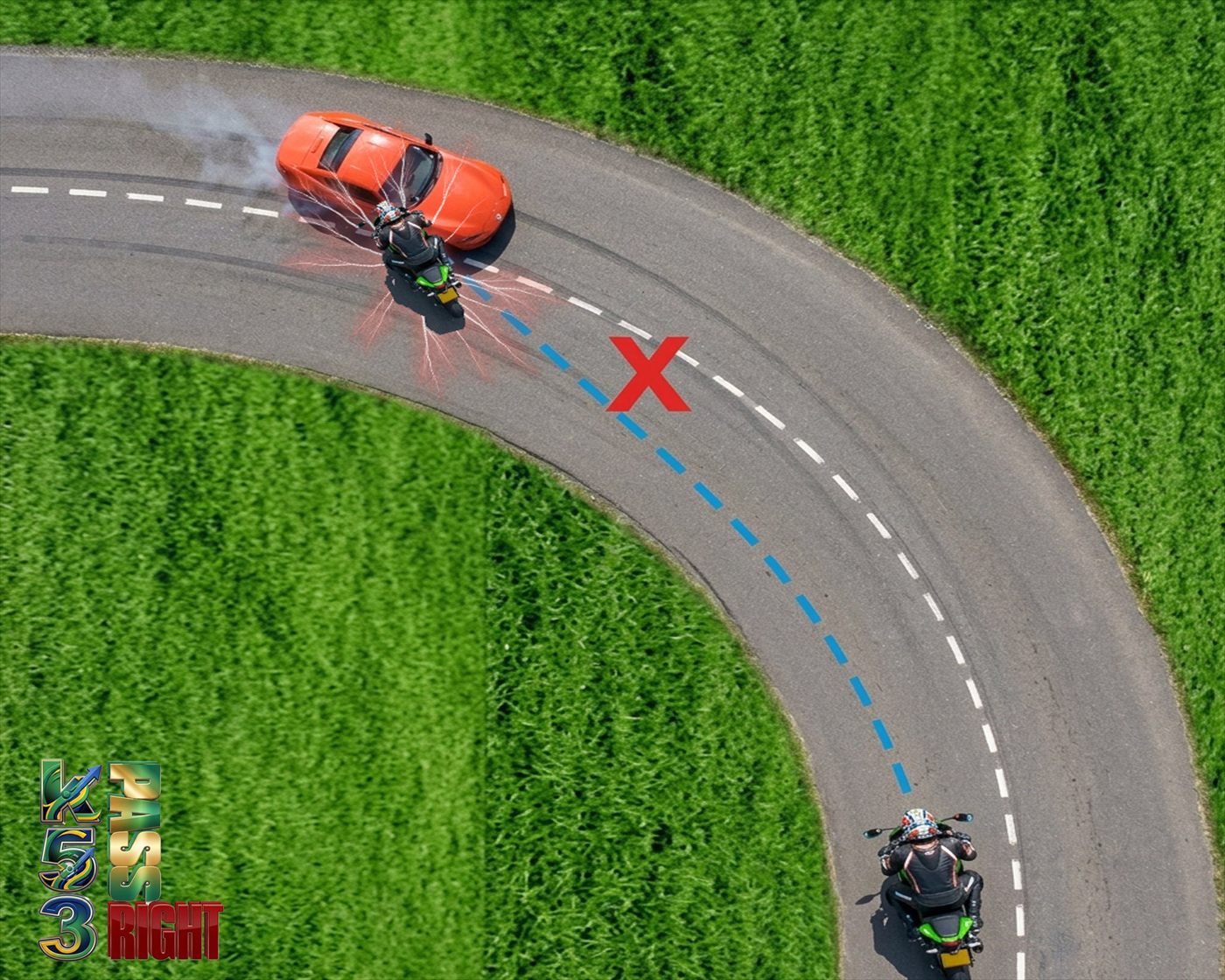 Motorcycle exiting a curve wide
